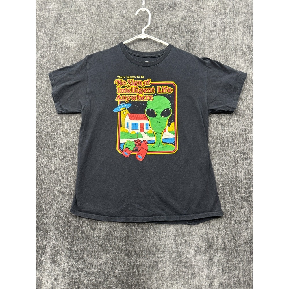 DOM T Shirt Men Large Black Cotton Graphic Print Alien Intelligent Life Anywhere